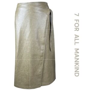 7 FOR ALL MANKIND Olive Green Vegan Leather Midi Wrap Skirt, Tie Waist, Size M.